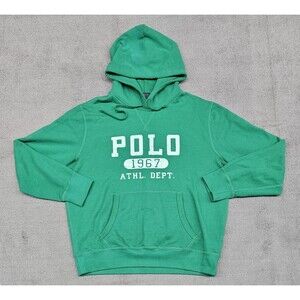 Polo Ralph Lauren Mens Logo Double-Knit Hoodie L Green Drawstring Pocket 1968